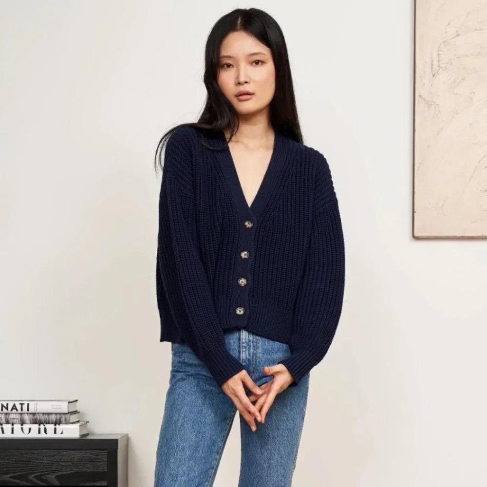 LA LIGNE Picnic Cardigan Navy Blue 100% Cotton Chunky Knit Cropped Sweater XS